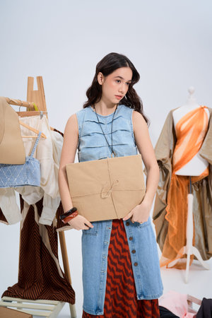 A young fashion designer works carefully on her new stylish clothing collection in the studio.