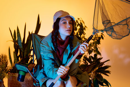 Fisherwoman sits confidently with her rod in a creatively designed studio space.