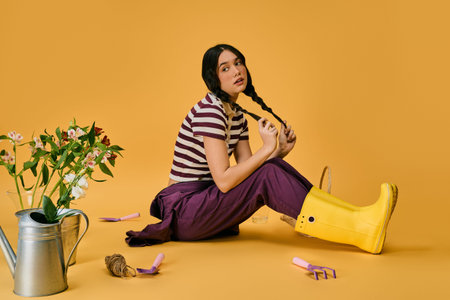 A young woman in pigtails enjoys gardening, surrounded by vibrant plants and tools.