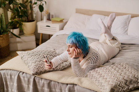Stylish young woman with blue hair relaxes on a bed, scrolling through her phone carefree.