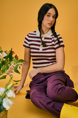 In a vibrant studio, a young woman with pigtails sitting near her plants and flowers.