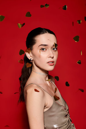 A chic woman poses elegantly amid falling golden heart confetti in a vibrant red backdrop.