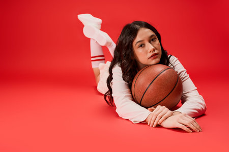 A young fit woman rests with a basketball, showcasing her athletic style against a red backdrop.