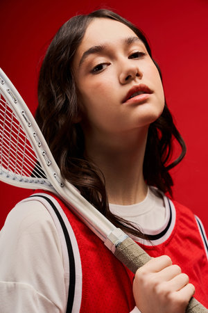 A stylish sportswoman poses confidently with a racquet against a bold red backdrop, exuding energy.