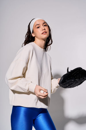 A young fit woman in a headband confidently holding baseball glove in a grey studio