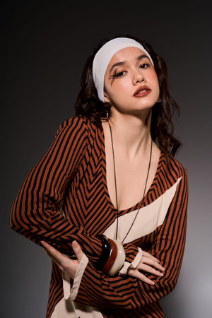 A beautiful young woman wearing a striped dress showcases her style in a studio environment.