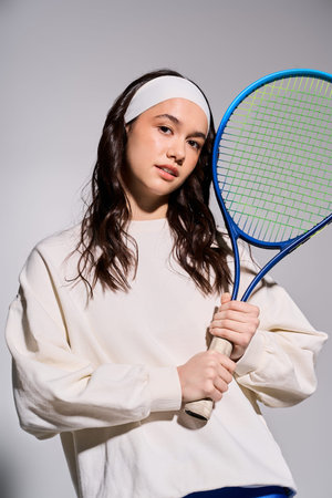 Sporty young woman with a headband stands ready for tennis practice in a grey studio.