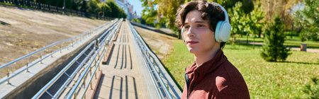A young man with curly hair listens to music while enjoying a sunny spring day in a park, banner