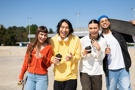 Young friends share laughter and drinks while having a fun time at the skate park under the sun.