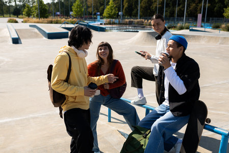 Friends gather at a skate park, sharing laughter and drinks on a warm sunny day outside.