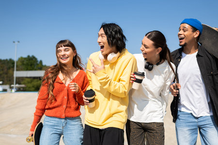 Four young friends gather outdoors, enjoying coffee and laughter while bonding together.