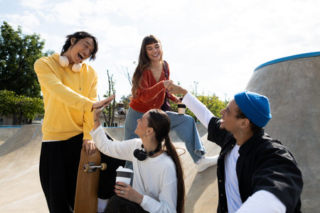 Young friends gather at the skatepark, sharing laughter and drinks under a bright sky.