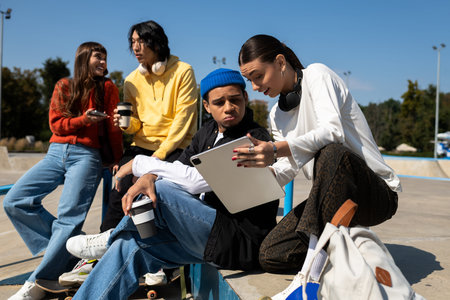 Friends gather at the skate park for laughter, conversation, and shared fun under the bright sun.