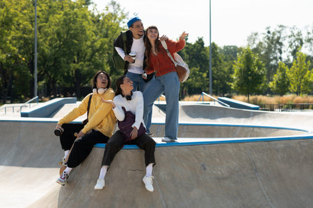 Four friends gather at the skatepark, embracing the joy of friendship under a clear blue sky.