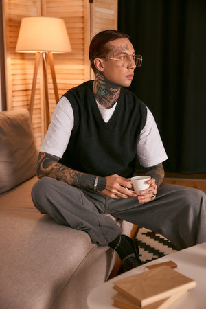 Handsome man dressed in fashionable attire relaxes on a sofa while sipping a warm beverage.