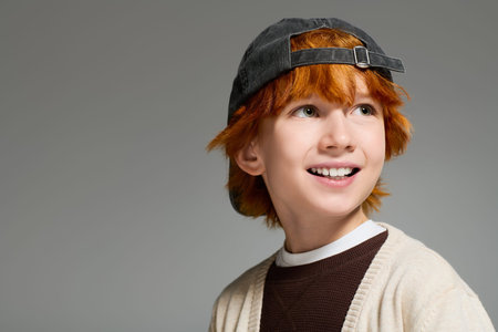Redhead boy dressed in casual clothes smiles brightly while posing in a modern studio.の写真素材