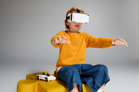 Redhead boy plays with a virtual reality headset in a fun, creative studio atmosphere.