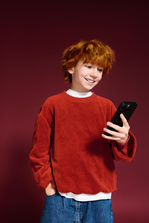 Cheerful redhead boy plays with smartphone while dressed casually in a vibrant studio.の写真素材