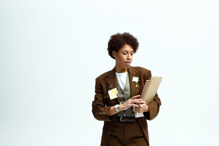 A beautiful young woman models chic attire, exuding confidence and style in a bright, modern space.
