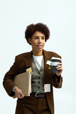 Confident young woman dressed in chic attire enjoys coffee while balancing work documents in hand.