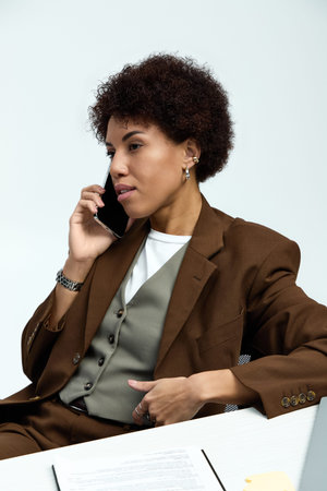 A young beautiful woman in a chic brown suit communicates on her phone with poise.