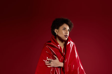 A young woman radiates confidence in her striking red outfit, showcasing her style.の写真素材