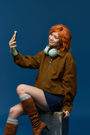 A stylish young woman with red hair smiles while taking a selfie against a blue background.