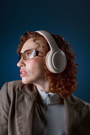 A curly haired young woman immerses herself in music while wearing headphones in the studio.