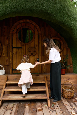 A joyful mother guides her little girl up wooden steps towards a charming playhouse in a park.の写真素材