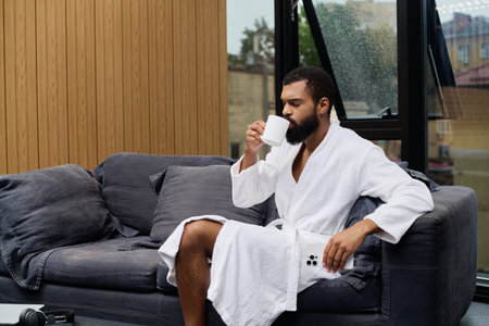 An African American man in a white bathrobe enjoys peace while sipping at a spa.