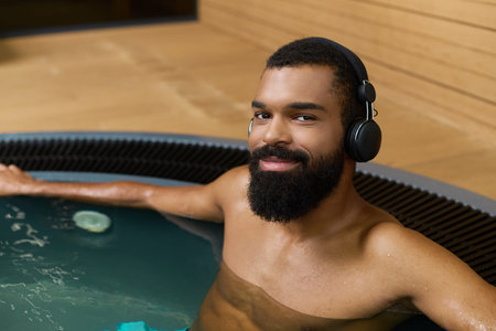 A shirtless African American man with a beard enjoys relaxing in a calming spa environment.の写真素材
