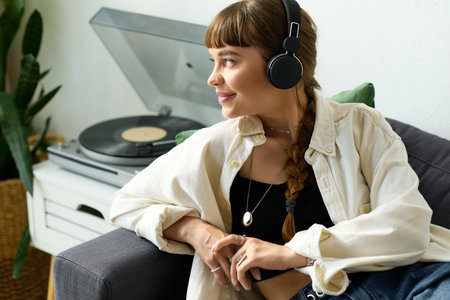 Beautiful young woman with bangs listens to music in her cozy modern apartment setting.