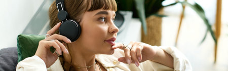 A young woman with bangs sits comfortably in her modern apartment, lost in music banner