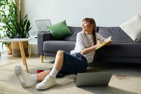A young woman with bangs sits on the floor, sketching happily in her stylish apartment.