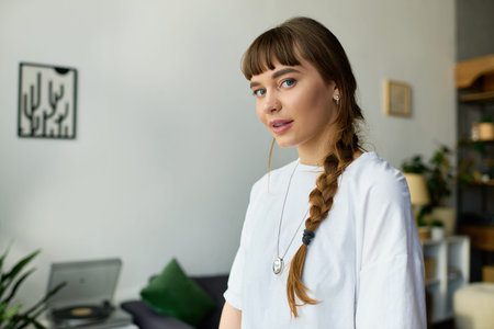 Beautiful young woman with bangs poses in her stylish apartment, embracing a casual lifestyle.