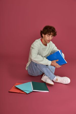 Handsome man with curly hair sits on a pink backdrop, thoughtfully holding vibrant notebooks.