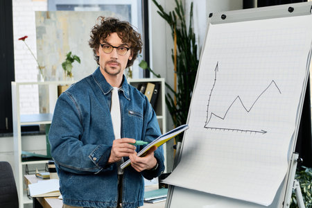 A handsome young man stands confidently by a whiteboard, sharing insights on business growth.