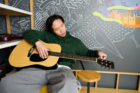 Casually dressed young man strums his guitar in a lively recording studio, lost in music.