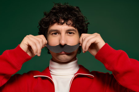 A charming young man with a moustache poses playfully in a cozy red sweater.