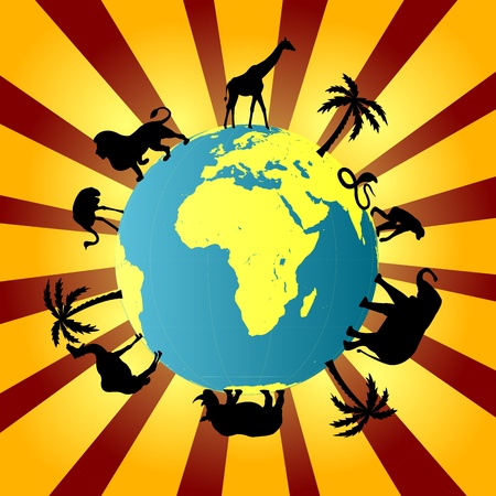 Earth globe with African animals around itのイラスト素材
