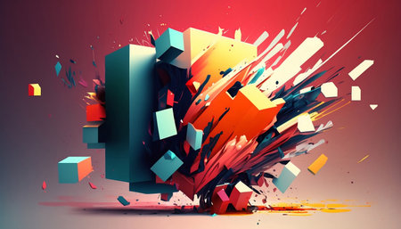 3d rendering of abstract geometric shapes in red and blue colors.の素材