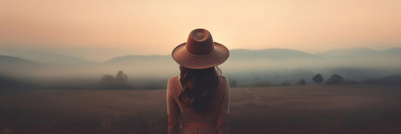 Beautiful woman in hat and dress standing on hill and looking at sunset.の素材