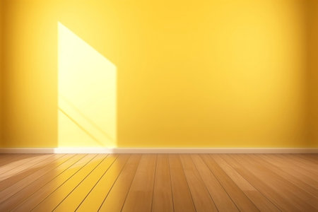 Empty room with yellow wall and wooden floor. 3D rendering.の素材