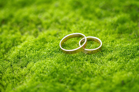 Gold wedding rings on the grassの写真素材