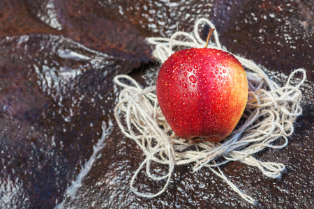 Top wiew wet red apple on stoneの写真素材