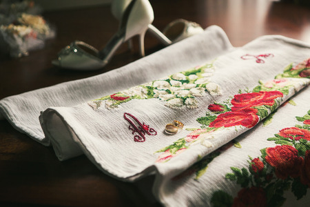 Two wedding rings on clothの写真素材