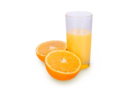 A glass of fresh orange juice on a white backgroundの写真素材