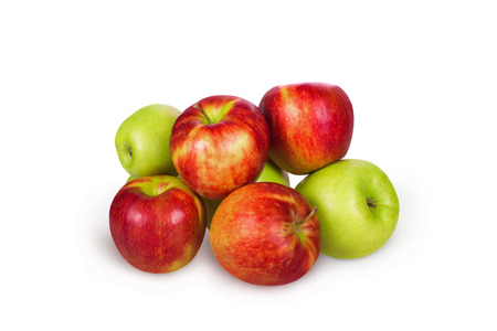 Assorted ripe green and red apples on a white backgroundの写真素材