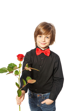 A boy with a red rose in her hand standing on white backgroundの写真素材