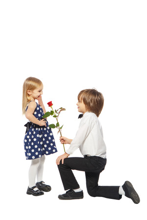 Boy on one knee gives a girl a rose on a white backgroundの写真素材